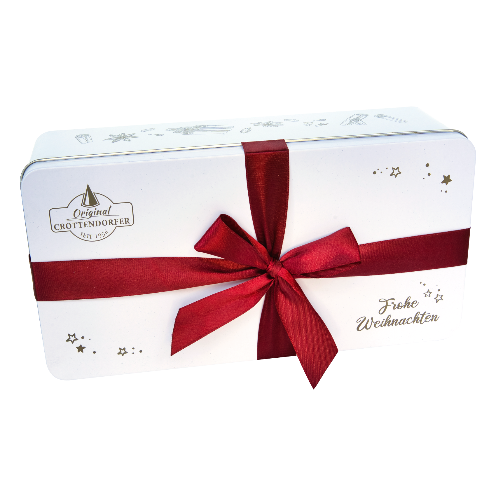 Das Stollen Geschenkset von Original Crottendorfer kommt in einer weißen, rechteckigen Geschenkbox mit goldenen Sternen, dem Schriftzug Frohe Weihnachten