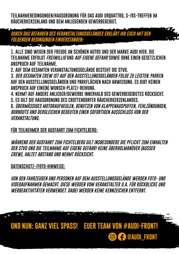 Deutsches Infoblatt zum "Ticket 5. Audi Urquattro- & S-/RS-Treffen 07.06.2026" von Original Crottendorfer umfasst Ticketverkauf, Regeln, Sicherheit, Datenschutz und Fotos; gelbes Ende mit Spaßwünschen. Instagram: @audi_front.