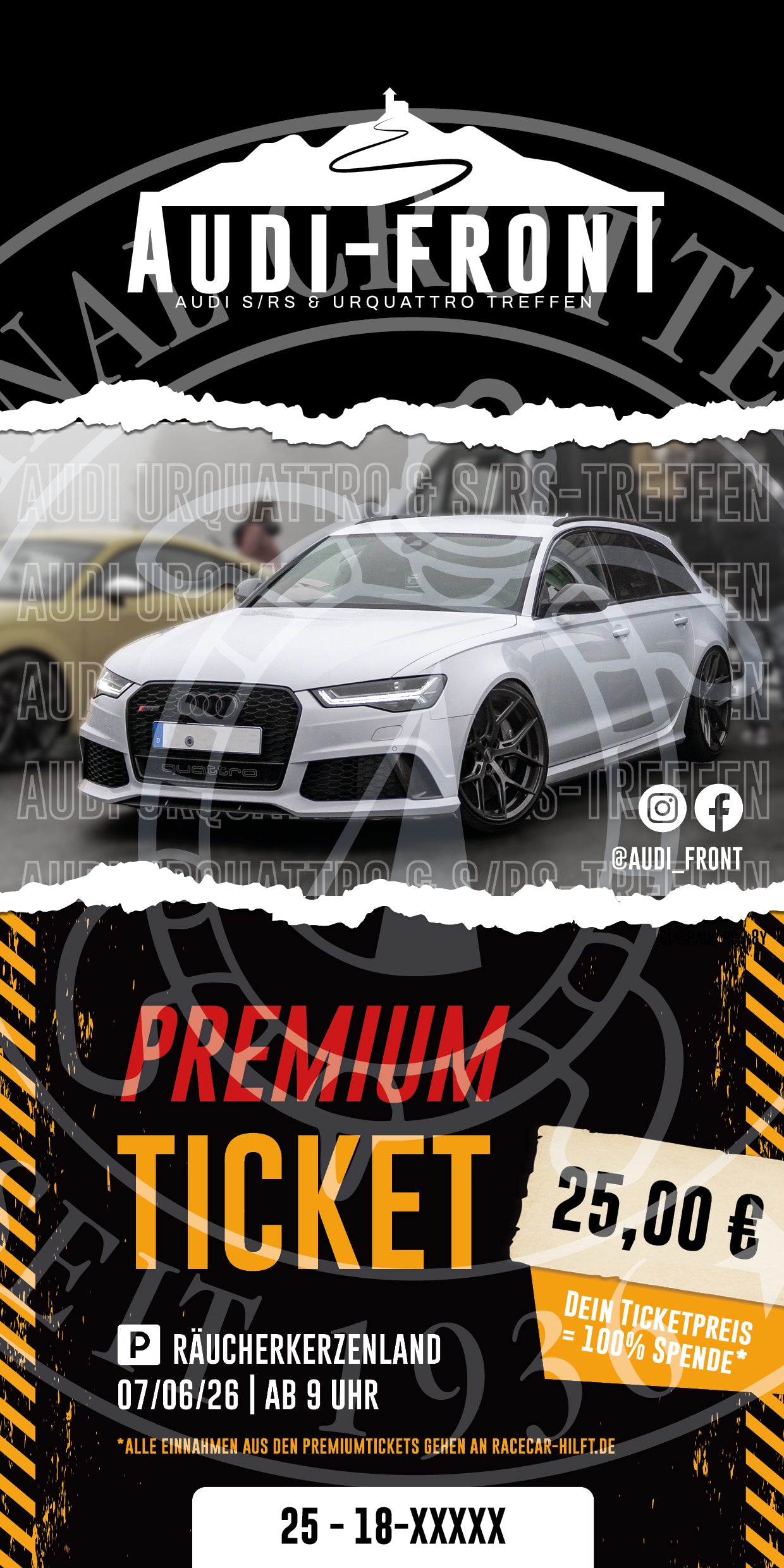 Sichern Sie sich Ihr Ticket 5 für das Audi Urquattro- & S-/RS-Treffen von Original Crottendorfer! Seien Sie dabei am 07.06.2026, 9:00 Uhr im Räucherkerzenland. Weißes Audi-Bild, Event-Infos und gelbes Ticket für nur 25 Euro!.