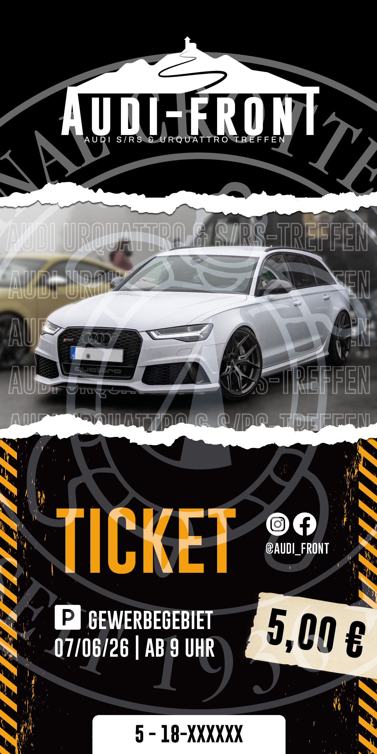 Werbeticket für das 5. Audi Urquattro- & S-/RS-Treffen am 07.06.2026, Gewerbegebiet, Eintritt € 5,00, von Original Crottendorfer; mit weißem Audi Außenbereich, Audi-Frontbranding, Social Icons & Ticket Vorverkaufsinfo.