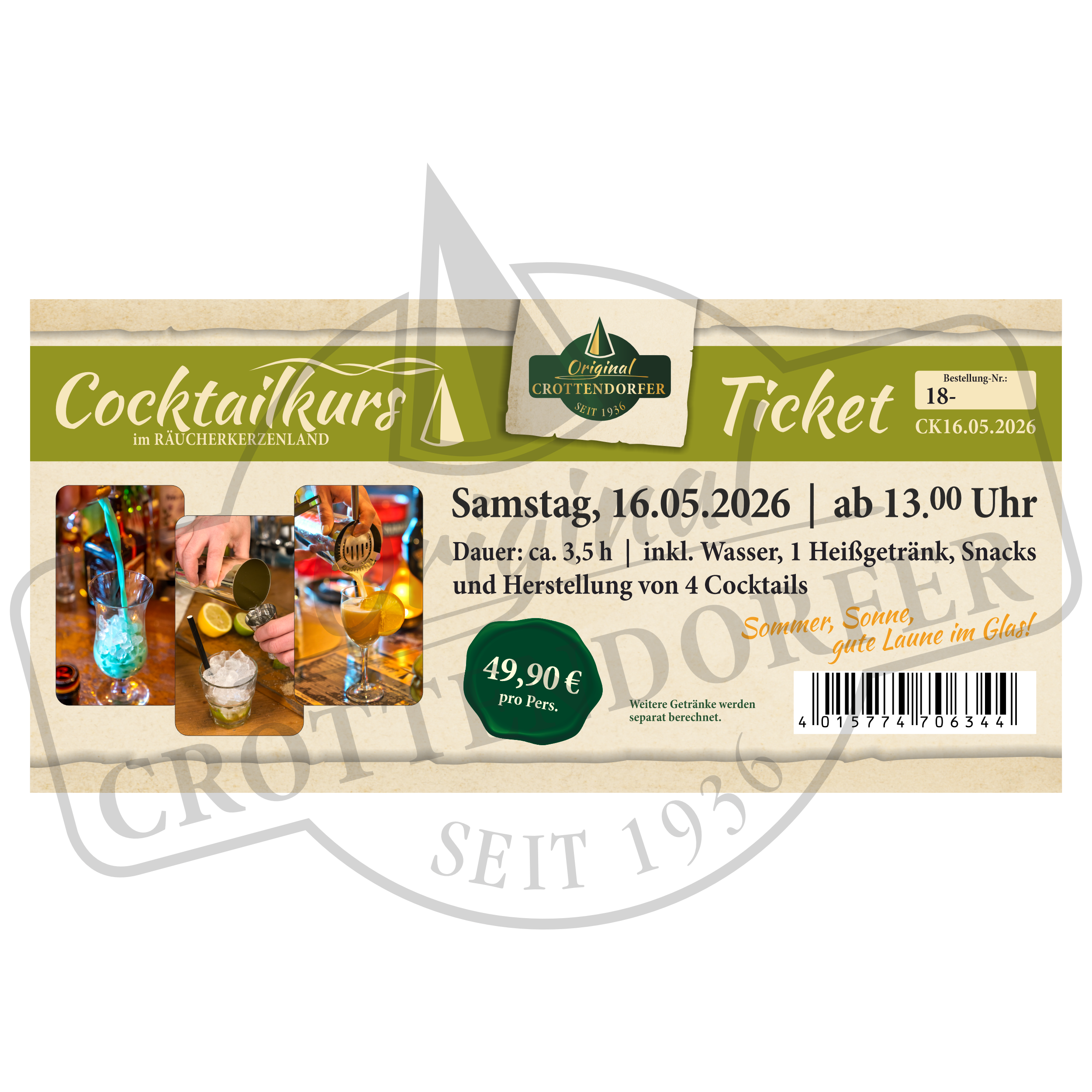 Ticket Cocktailkurs 16.05.2026 ab 13 Uhr von Original Crottendorfer: Inkl. Getränke, Snacks und vier selbstgemixten Cocktails. Preis: 49,90 €. Mit Bildern von Cocktails und Barkeeper beim Mixen.