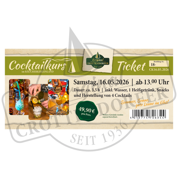 Ticket Cocktailkurs 16.05.2026 ab 13 Uhr von Original Crottendorfer: Inkl. Getränke, Snacks und vier selbstgemixten Cocktails. Preis: 49,90 €. Mit Bildern von Cocktails und Barkeeper beim Mixen.