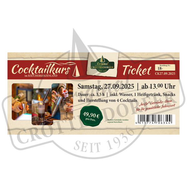 Komm am 27. September 2025 um 13:00 Uhr zum Cocktailkurs von Original Crottendorfer. Genieße 3,5 Stunden lang Mixen von Cocktails mit einem Heißgetränk, Wasser, Snacks und vier Cocktails für nur 49,90 € pro Person. Lass dir dieses genussvolle Getränkeideen-Erlebnis nicht entgehen!.