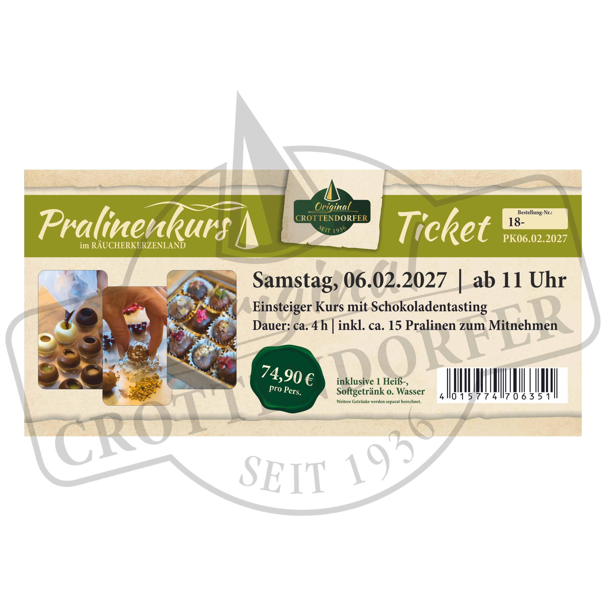 Ticket für den Pralinenkurs am 06.02.2027 oder 07.02.2027 ab 11 Uhr bei Original Crottendorfer, mit Fotos der fertigen Pralinen, Angaben zur Kursdauer, zum Preis und zum Leistungsumfang.