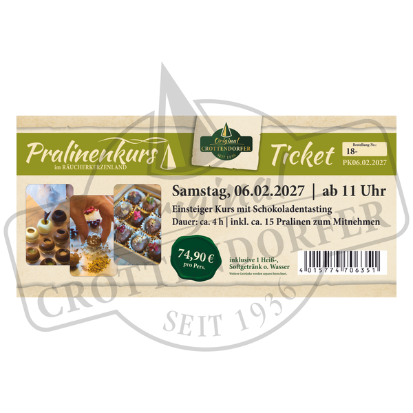 Ticket für den Pralinenkurs am 06.02.2027 oder 07.02.2027 ab 11 Uhr bei Original Crottendorfer, mit Fotos der fertigen Pralinen, Angaben zur Kursdauer, zum Preis und zum Leistungsumfang.