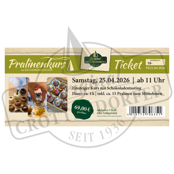 Sichern Sie sich Ihr Ticket Pralinenkurs für den 28.03.2026 oder 25.04.2026, ab 11 Uhr, bei Original Crottendorfer (69 €). Inklusive Bilder der Schokoladenherstellung, Schokoladentasting, Getränke und ~15 selbstgemachte Pralinen zum Mitnehmen - ideal für Anfänger!.
