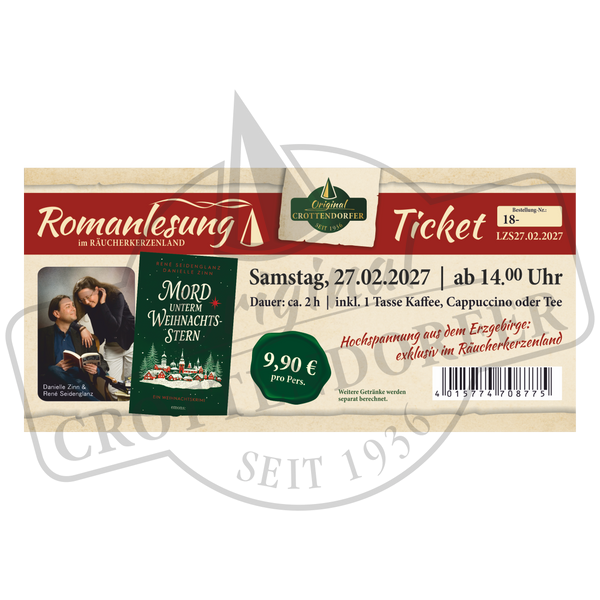 Veranstaltungsticket für eine Ticket-Lesung Mord unterm Weihnachtsstern am 30.01.27, 31.01.27, 27.02.27 und 28.02.27 ab 14 Uhr, Lesung am 27. Februar 2027, inklusive Kaffee oder Tee, zum Preis von 9,90 Euro.