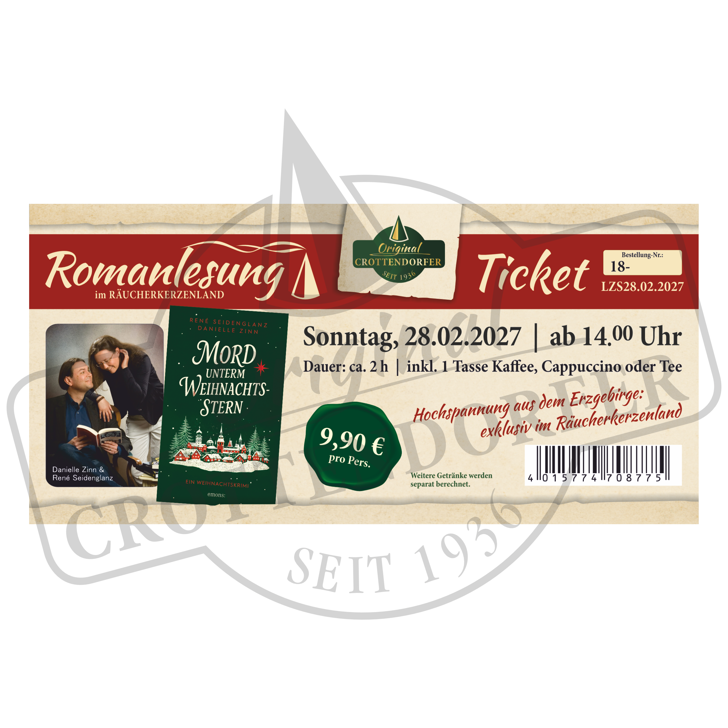 Veranstaltungsticket für eine Ticket-Lesung Mord unterm Weihnachtsstern am 30.01.27, 31.01.27, 27.02.27 und 28.02.27 ab 14 Uhr – Lesung am 28. Februar 2027 mit den Autoren Danielle Zinn und René Seidenglanz.