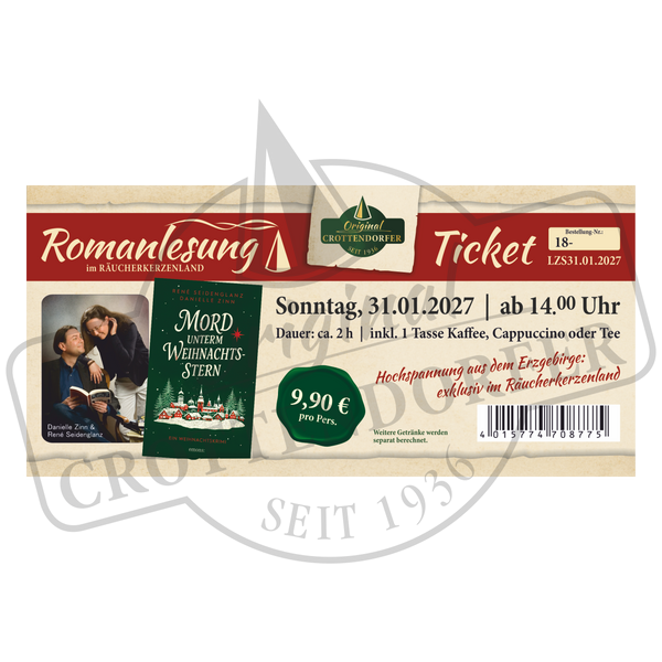 Veranstaltungsticket für die Ticket-Lesung Mord unterm Weihnachtsstern am 30.01.27, 31.01.27, 27.02.27 und 28.02.27 ab 14 Uhr – Krimi-Lesung inklusive Kaffee oder Tee.