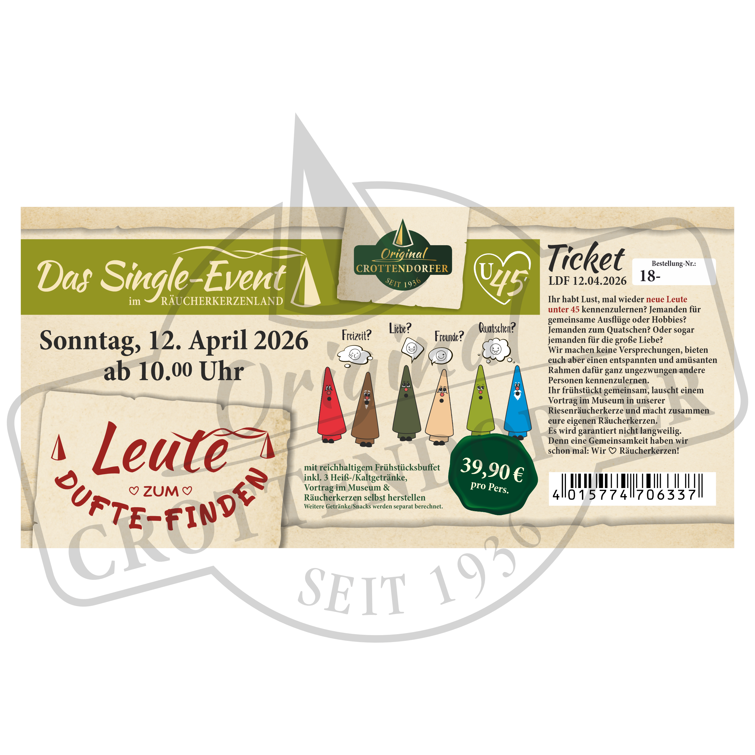 Original Crottendorfer Ticket Singles-Event: Leute zum Dufte-Finden Ü45 | U45. Neue Leute kennenlernen am Sonntag, 12. April 2026, um 10:00 Uhr. Preis: 39,90 EUR pro Person. Inklusive bunter Räucherkegel-Figuren und Event-Infos.