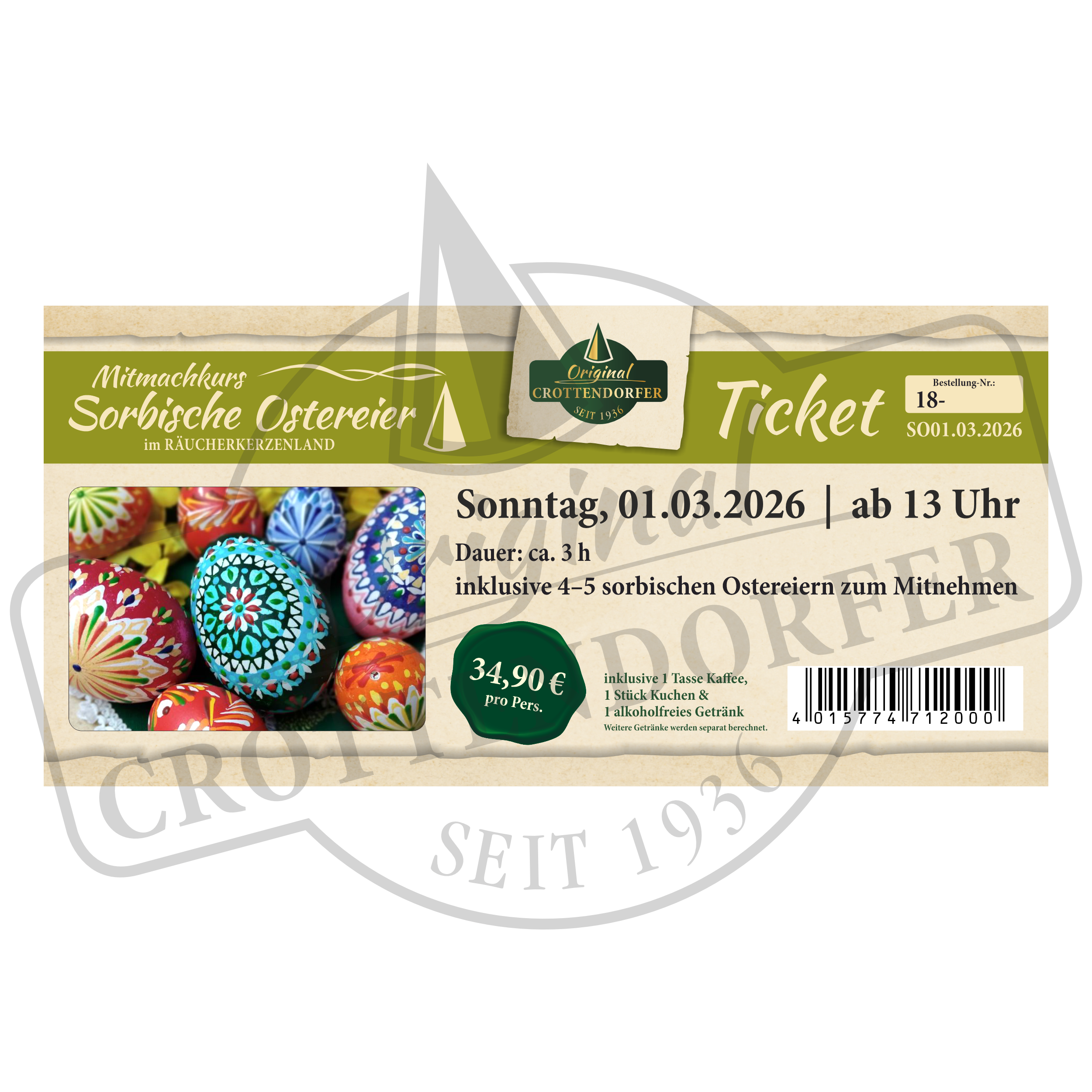 Sichern Sie sich Ihr Ticket Mitmachkurs Sorbische Ostereier 01.03.2026 ab 13 Uhr bei Original Crottendorfer: Deutschsprachiger Workshop zum lebendigen Verzieren von Eiern, ca. 3 h, 34,90 €; inkl. festlicher Grafiken von schön verzierten Eiern!.