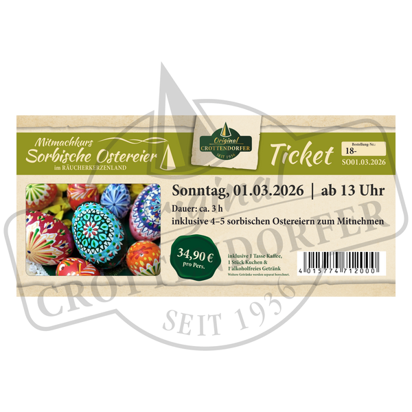 Sichern Sie sich Ihr Ticket Mitmachkurs Sorbische Ostereier 01.03.2026 ab 13 Uhr bei Original Crottendorfer: Deutschsprachiger Workshop zum lebendigen Verzieren von Eiern, ca. 3 h, 34,90 €; inkl. festlicher Grafiken von schön verzierten Eiern!.