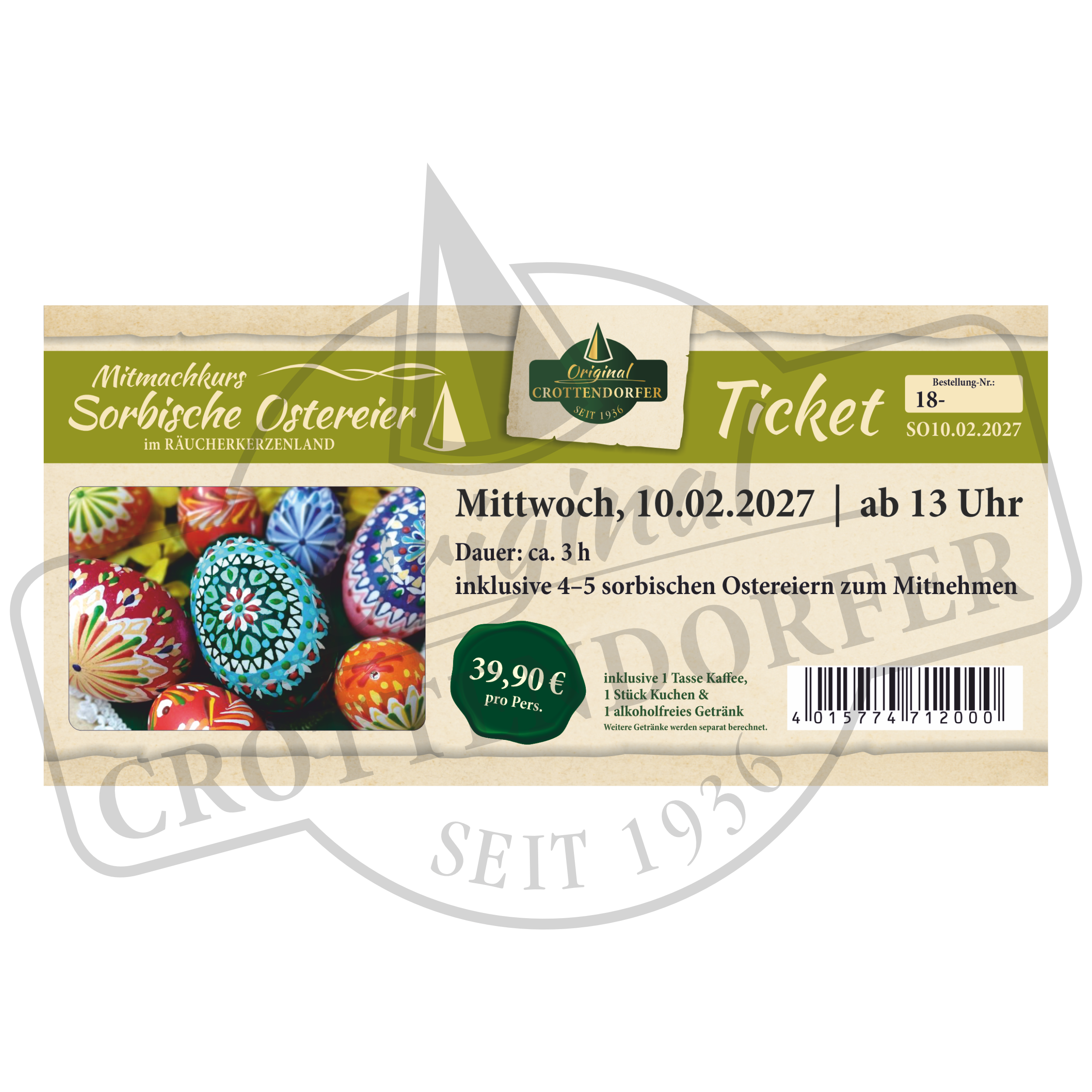 Ticket für den Mitmachkurs Sorbische Ostereier am 10.02.2027 und 17.02.2027 ab 13 Uhr mit Abbildungen der verzierten Eier und Details zur Veranstaltung.