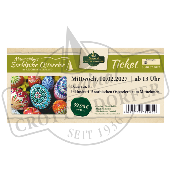 Ticket für den Mitmachkurs Sorbische Ostereier am 10.02.2027 und 17.02.2027 ab 13 Uhr mit Abbildungen der verzierten Eier und Details zur Veranstaltung.