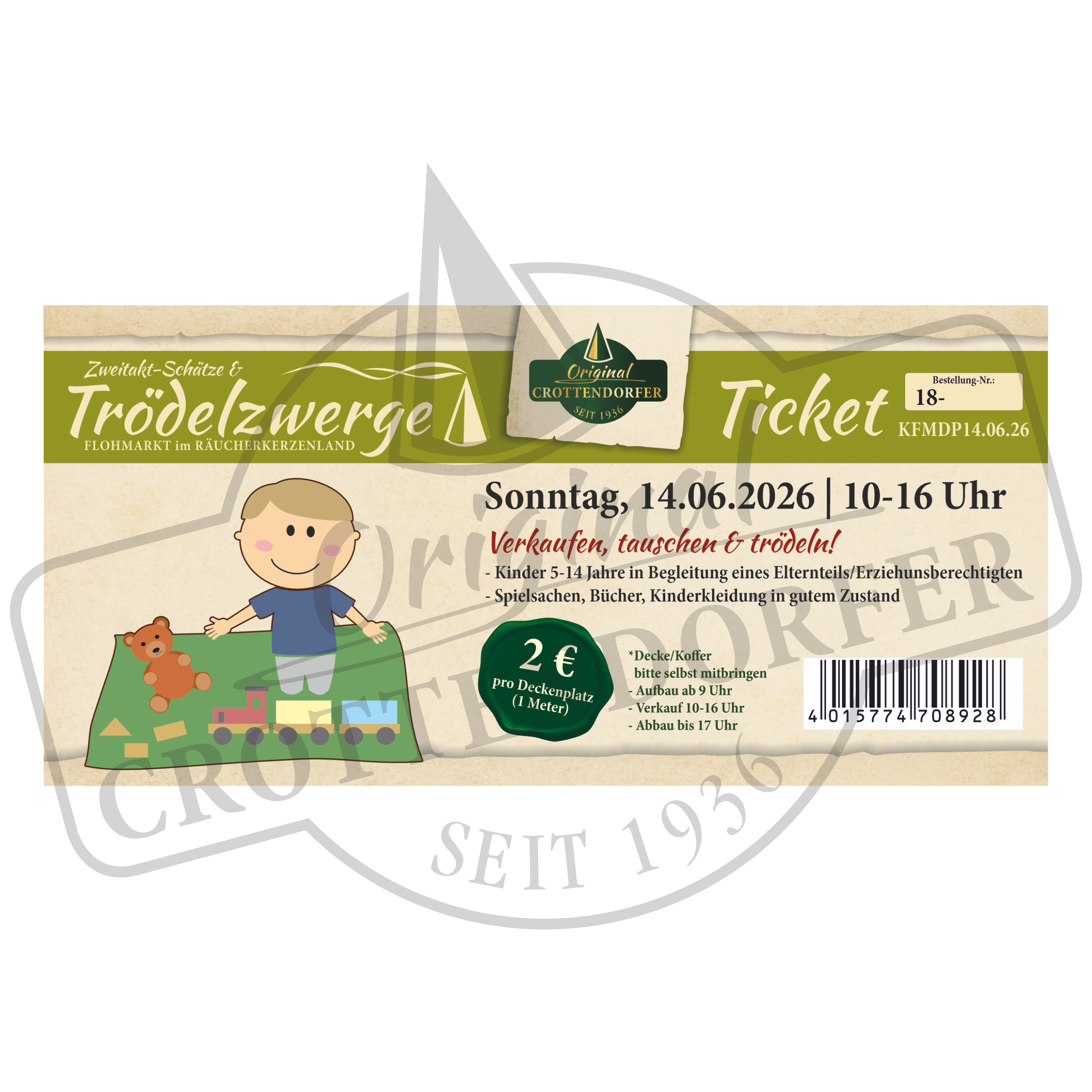 A Ticket Trödelzwerge & Zweitakt-Schätze Flohmarkt (14.06.26, 10-16 Uhr) von Original Crottendorfer, mit einem Cartoon-Kinder- und Spielzeugzelt, mit Infos zu Altersgruppen, Eintrittspreisen und Kontakt zum Veranstalter.