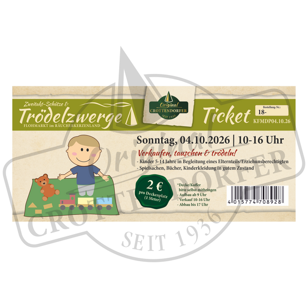 Eintrittskarte für den Trödelzwerge & Zweitakt-Schätze Flohmarkt von Original Crottendorfer am 26.10.04, 10-16 Uhr. Inklusive Cartoon-Kind mit Zelt und Spielzeug, 2 € Eintritt, DDR-Fahrzeuge Teile Info, Veranstaltungshinweise auf Deutsch.