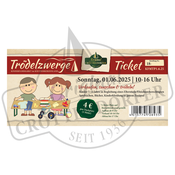 Ticket Trödelzwerge Kinderflohmarkt 01.06.2025, 10–16 Uhr von Original Crottendorfer. Mit Eventinfos, Cartoon zweier Kinder mit Spielzeug, Preisinformationen und beigem Hintergrund mit grünen Akzenten. Jetzt Standplatz sichern!.
