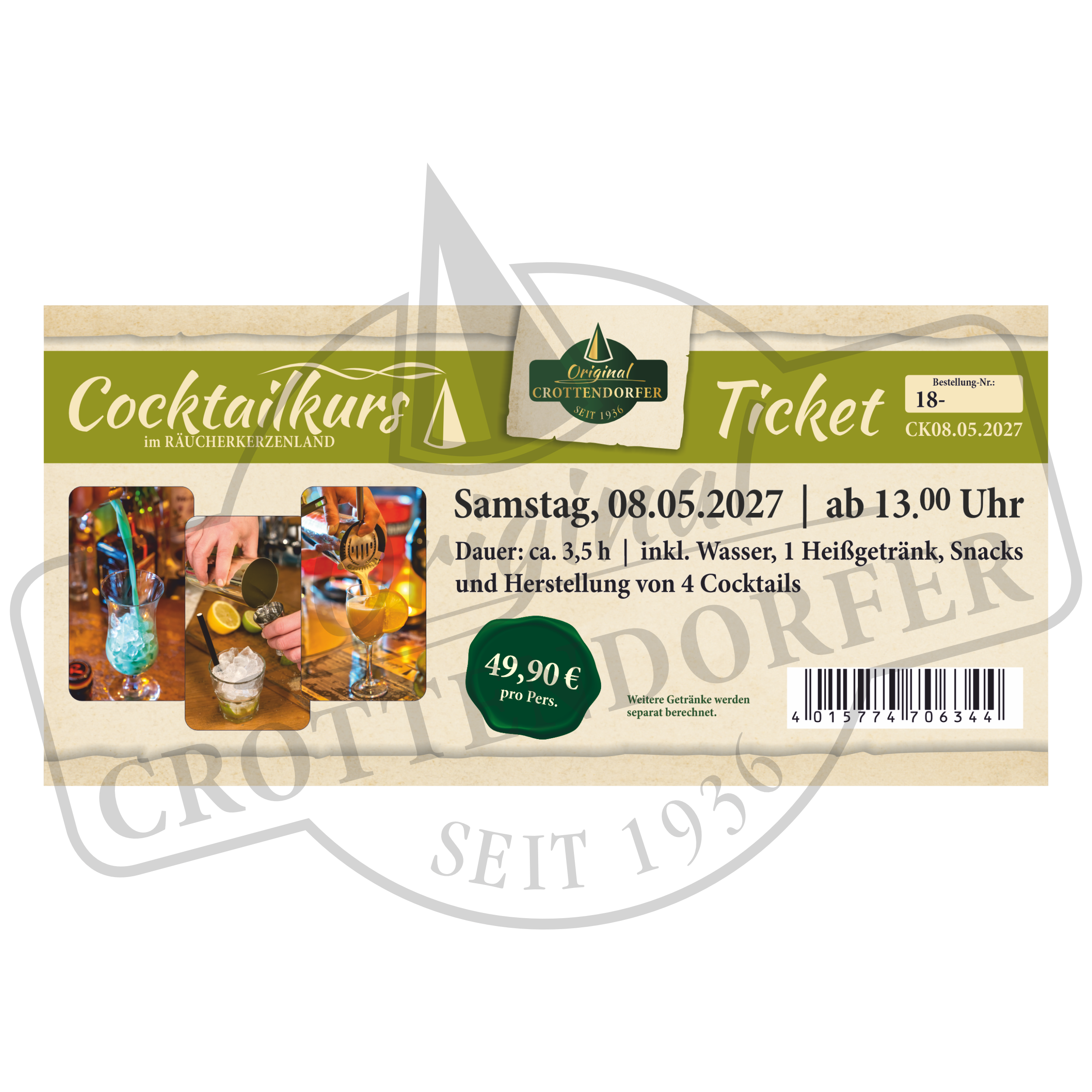 Ticket für den Cocktailkurs am 08.05.2027 ab 13 Uhr für einen 3,5-stündigen Workshop, bei dem die Zubereitung von Getränken vorgeführt wird, zum Preis von 49,90 Euro.