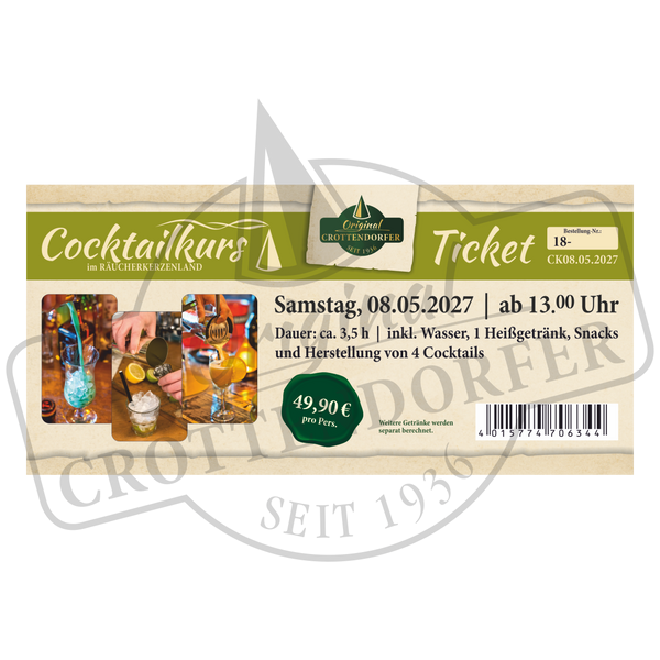 Ticket für den Cocktailkurs am 08.05.2027 ab 13 Uhr für einen 3,5-stündigen Workshop, bei dem die Zubereitung von Getränken vorgeführt wird, zum Preis von 49,90 Euro.