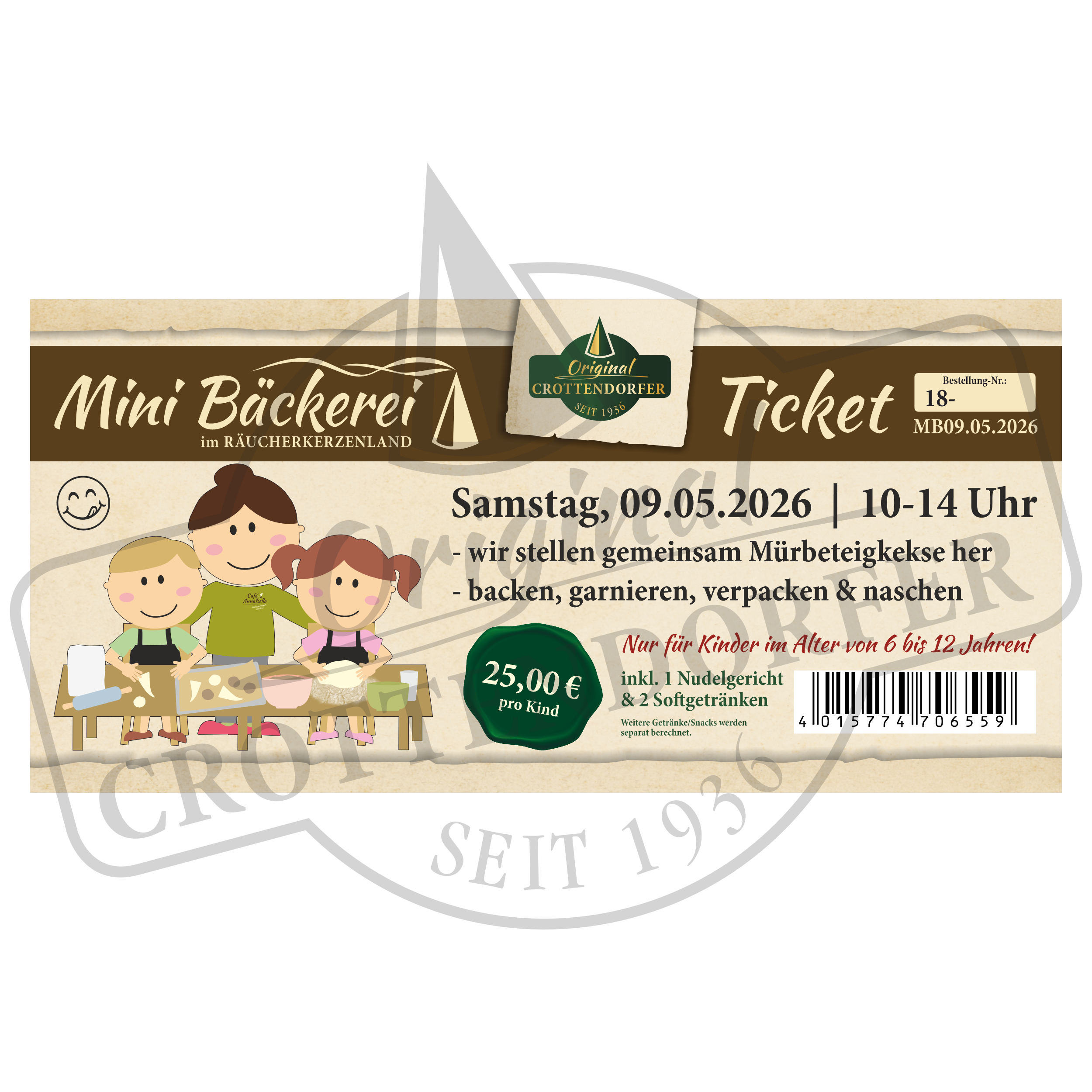 Hol dir dein Ticket Mini Bäckerei 09.05.2026 10-14 Uhr von Original Crottendorfer! Für Kinder von 6-12 Jahren backen Mürbeteigkekse im Crottendorfer Räucherkatzenland. Preis: 25€ pro Kind. Jetzt reservieren für einen lustigen Backkurs mit Cartoons!.