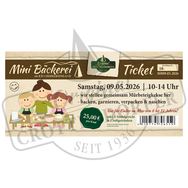 Hol dir dein Ticket Mini Bäckerei 09.05.2026 10-14 Uhr von Original Crottendorfer! Für Kinder von 6-12 Jahren backen Mürbeteigkekse im Crottendorfer Räucherkatzenland. Preis: 25€ pro Kind. Jetzt reservieren für einen lustigen Backkurs mit Cartoons!.