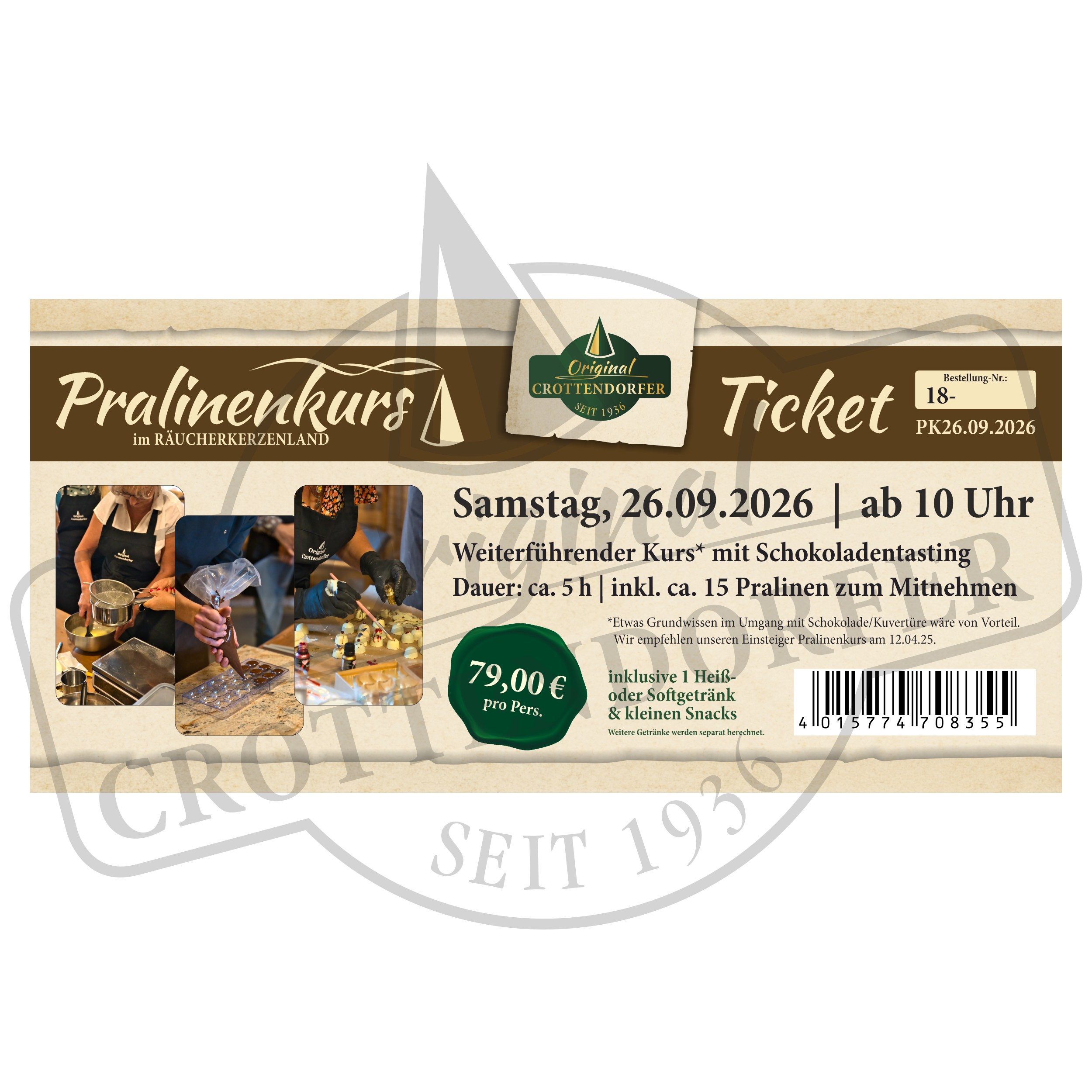 Holen Sie sich Ihr Ticket Pralinenkurs 26.09.26 ab 10 Uhr von Original Crottendorfer! 15 Pralinen selber machen, eine Pralinenverkostung und lustige Workshop-Fotos - nur 79 Euro. Pralinen selber machen war noch nie süßer!.