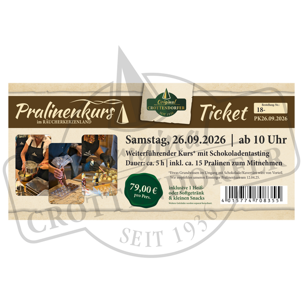 Holen Sie sich Ihr Ticket Pralinenkurs 26.09.26 ab 10 Uhr von Original Crottendorfer! 15 Pralinen selber machen, eine Pralinenverkostung und lustige Workshop-Fotos - nur 79 Euro. Pralinen selber machen war noch nie süßer!.