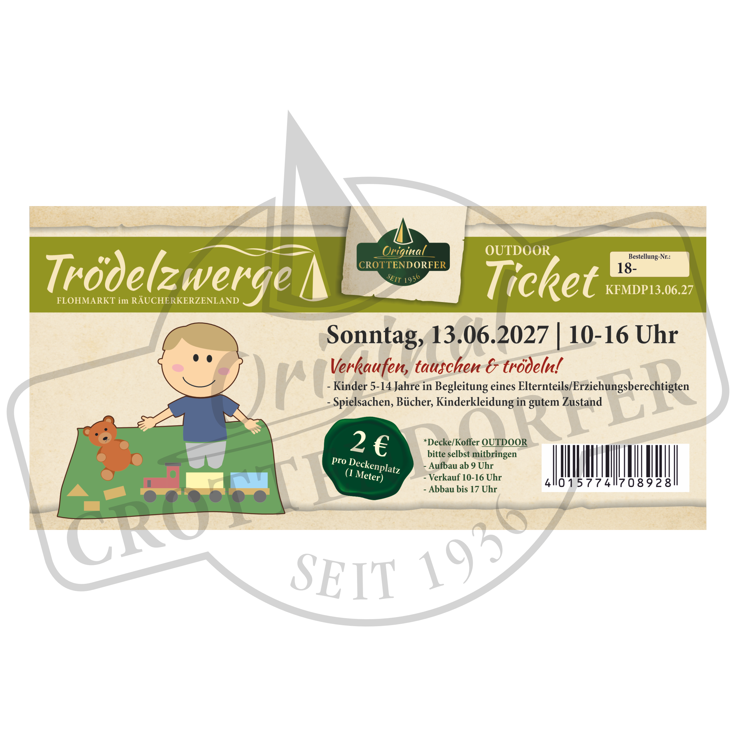 Ein Ticket für den Trödelzwerge-Flohmarkt am 13.06.2027, 10–16 Uhr, mit der Abbildung eines Comic-Jungen und seiner Spielsachen neben einem Zug, gestaltet im Stil der Trödelzwerge-Veranstaltung.