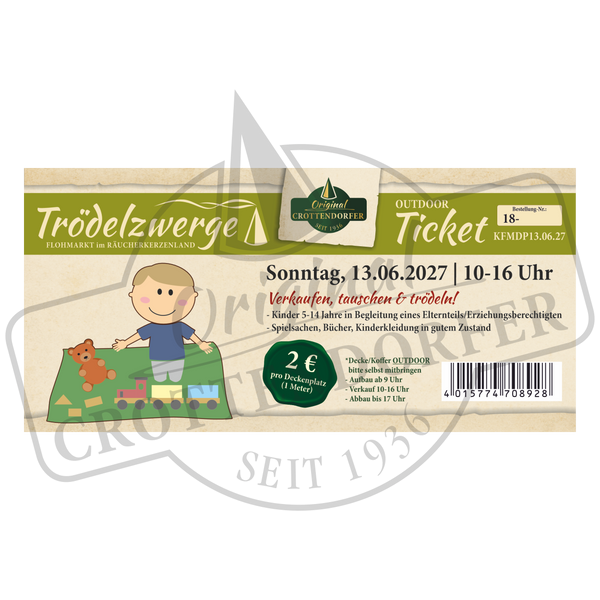 Ein Ticket für den Trödelzwerge-Flohmarkt am 13.06.2027, 10–16 Uhr, mit der Abbildung eines Comic-Jungen und seiner Spielsachen neben einem Zug, gestaltet im Stil der Trödelzwerge-Veranstaltung.