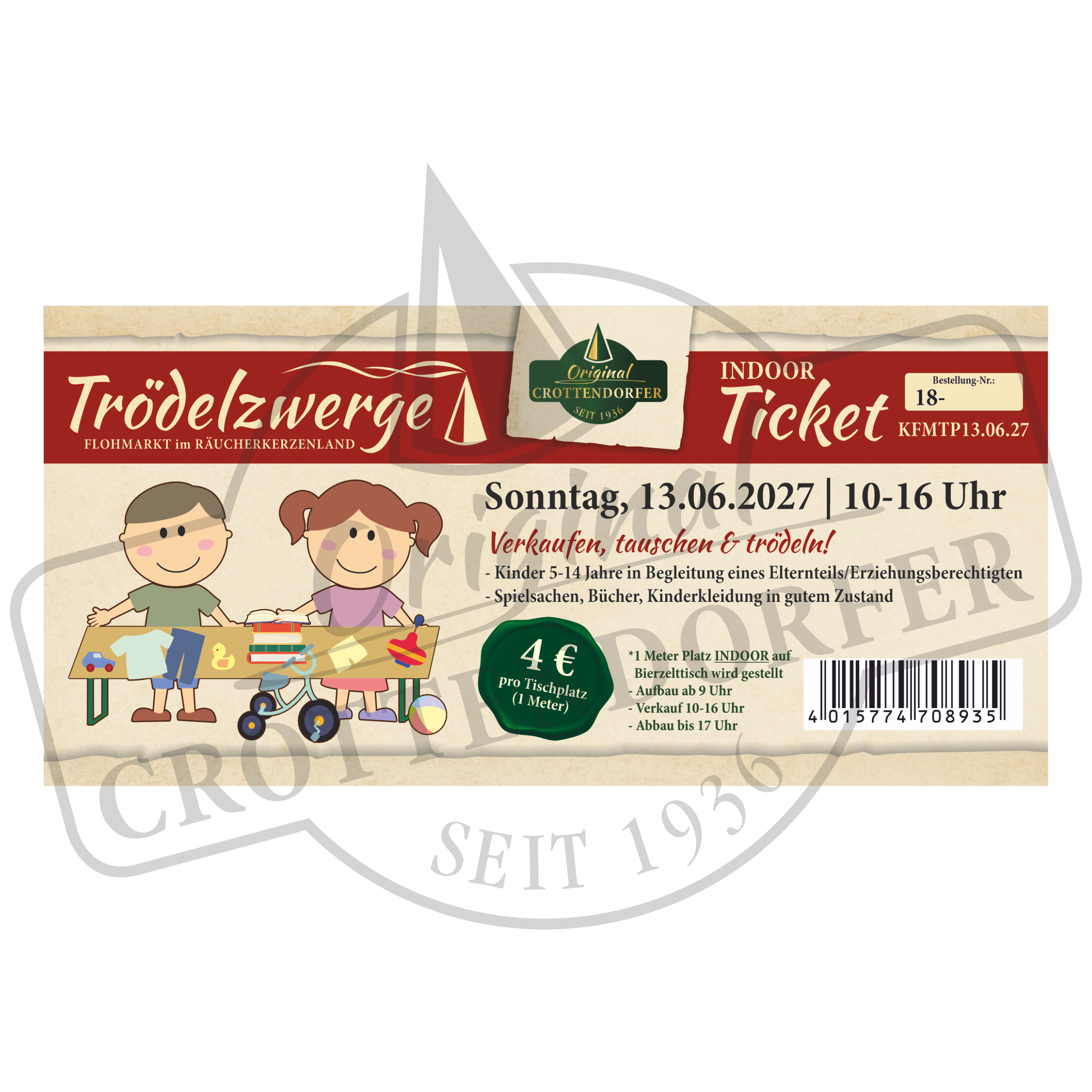 Eintrittskarte Trödelzwerge-Flohmarkt am 13.06.2027, 10–16 Uhr, mit der Abbildung von zwei Kindern an einem Stand mit Spielzeug und Kleidung.