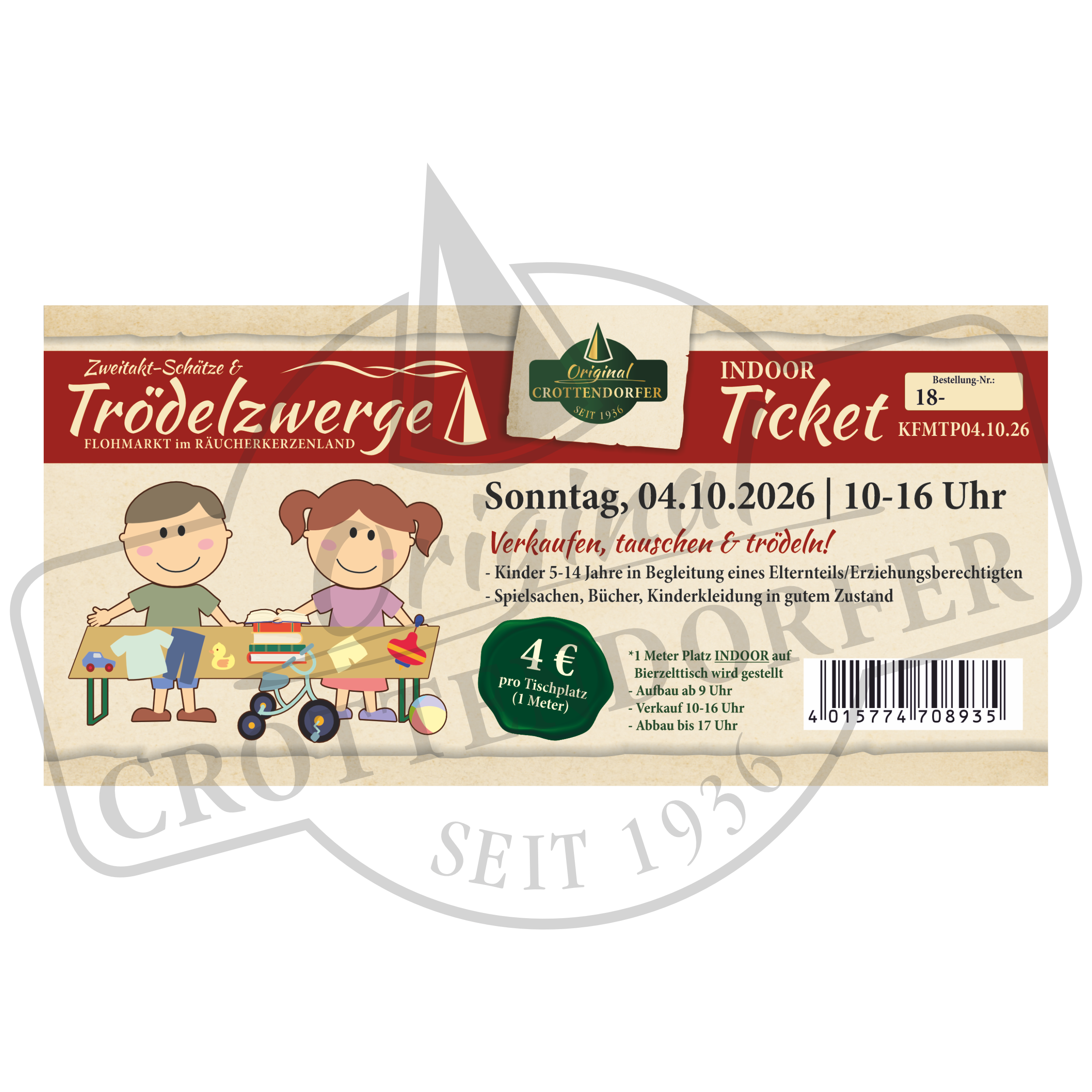 Ein Ticket für den Flohmarkt „Trödelzwerge & Zweitakt-Schätze“ von Original Crottendorfer am 04.10.26, 10–16 Uhr; Eintritt 4 €, inklusive einer Illustration des Veranstaltungsortes, auf der Kinder an einem Tisch Spielzeug verkaufen.