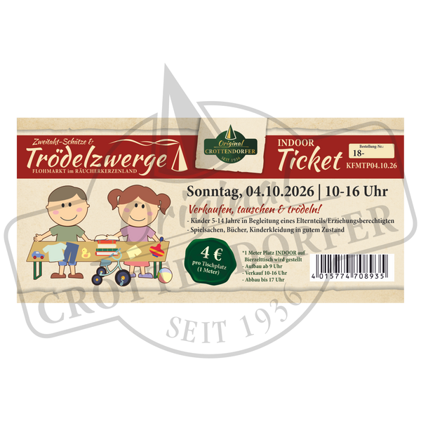 Ein Ticket für den Flohmarkt „Trödelzwerge & Zweitakt-Schätze“ von Original Crottendorfer am 04.10.26, 10–16 Uhr; Eintritt 4 €, inklusive einer Illustration des Veranstaltungsortes, auf der Kinder an einem Tisch Spielzeug verkaufen.
