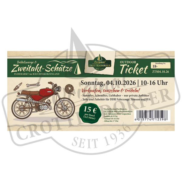 Eine Eintrittskarte im Vintage-Stil für den Flohmarkt „Trödelzwerge & Zweitakt-Schätze“ am 04.10.26 (10–16 Uhr) mit einem roten Motorradklassiker, Veranstaltungsdetails, Preisangaben und dem Original-Crottendorfer-Logo im Hintergrund.