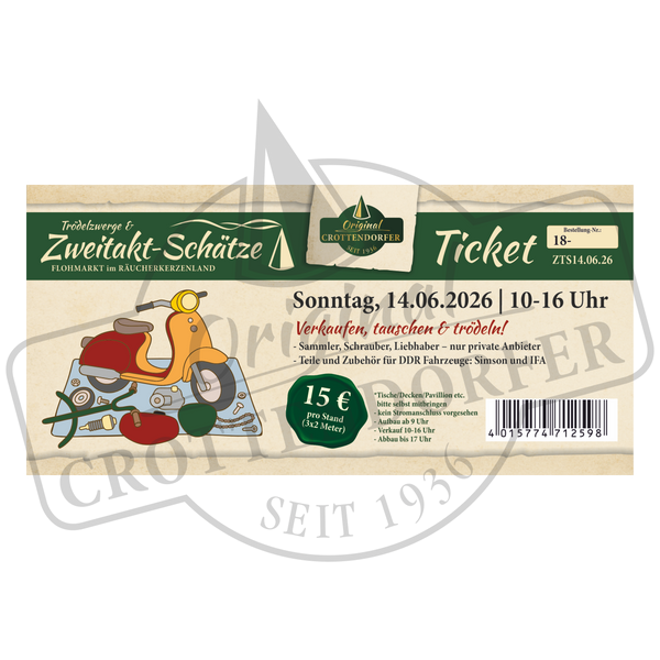 Ein Ticket Trödelzwerge & Zweitakt-Schätze Flohmarkt für den 14.06.26, 10-16 Uhr von Original Crottendorfer, zeigt Veranstaltungsdetails, 15 € Preis, und zeigt Abbildungen von Werkzeugen und Oldtimerteilen, darunter auch DDR-Fahrzeugteile.