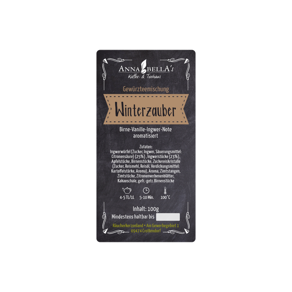 Ein schwarzes Etikett für die Gewürzteemischung "Winterzauber" von Original Crottendorfer mit weißer und brauner Schrift, Zutaten wie Birne, Vanille und Ingwer sowie einer Zubereitungsanleitung und einer Packungsgröße von 100 g.