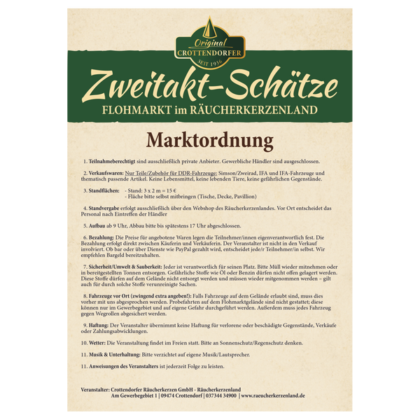 Poster für den "Ticket Trödelzwerge & Zweitakt-Schätze Flohmarkt 14.06.26 / 04.10.26, 10-16 Uhr" von Original Crottendorfer mit Marktregeln, Standaufbau, Gebühren, DDR-Teile-Hinweisen und Kinderflohmarkt-Infos auf Deutsch.