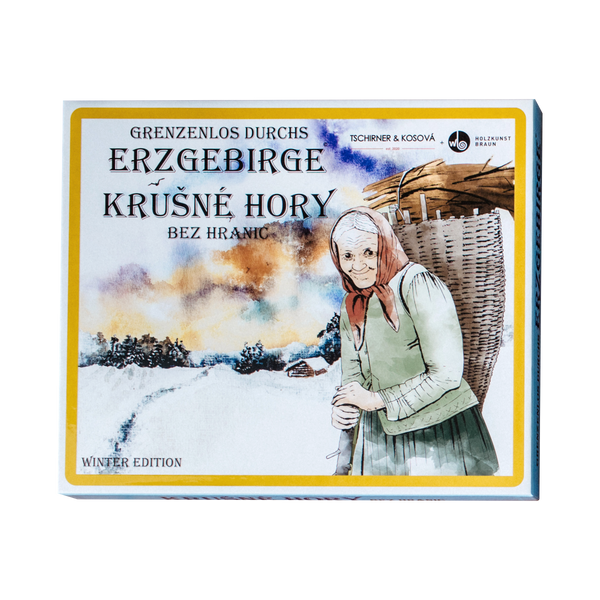 Die Winterausgabe-Illustration einer älteren Frau mit einem Korb in einer verschneiten Erzgebirgslandschaft mit dem Text „Grenzenlos durchs Erzgebirge Krušné hory bez hranic“ lädt zum Entdecken über die Grenze D/CZ hinaus ein. Vom VERLAG TSCHIRNER & KOSOVA, für das Brettspiel „Grenzenlos durchs Erzgebirge“.
