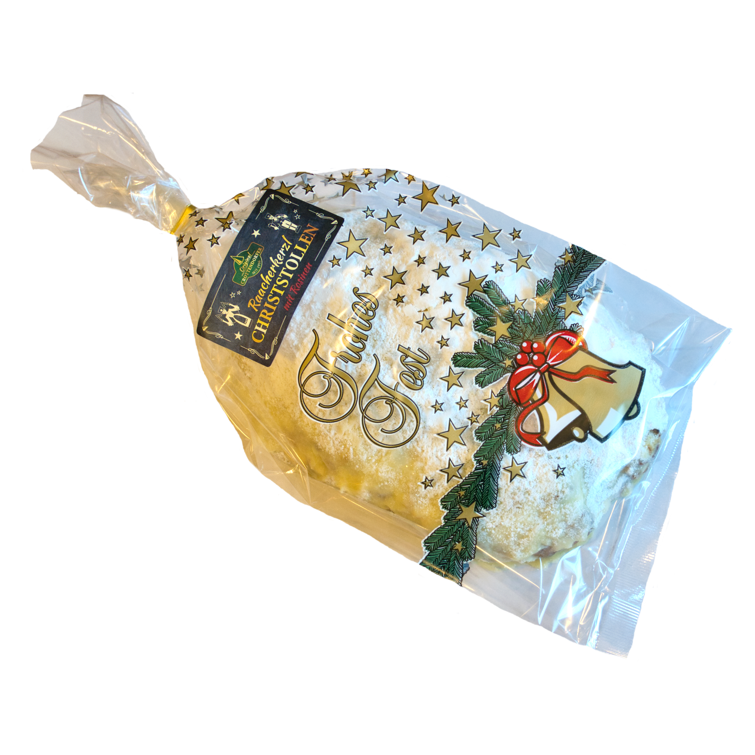 Ein Laib Raacherkerzl-Christstollen mit Rosinen von Original Crottendorfer in festlicher Klarsichtverpackung mit Sternen, Stechpalme und roter Schleifenglocke. Das Etikett hebt ausgewählte Zutaten für einen authentischen Geschmack hervor.