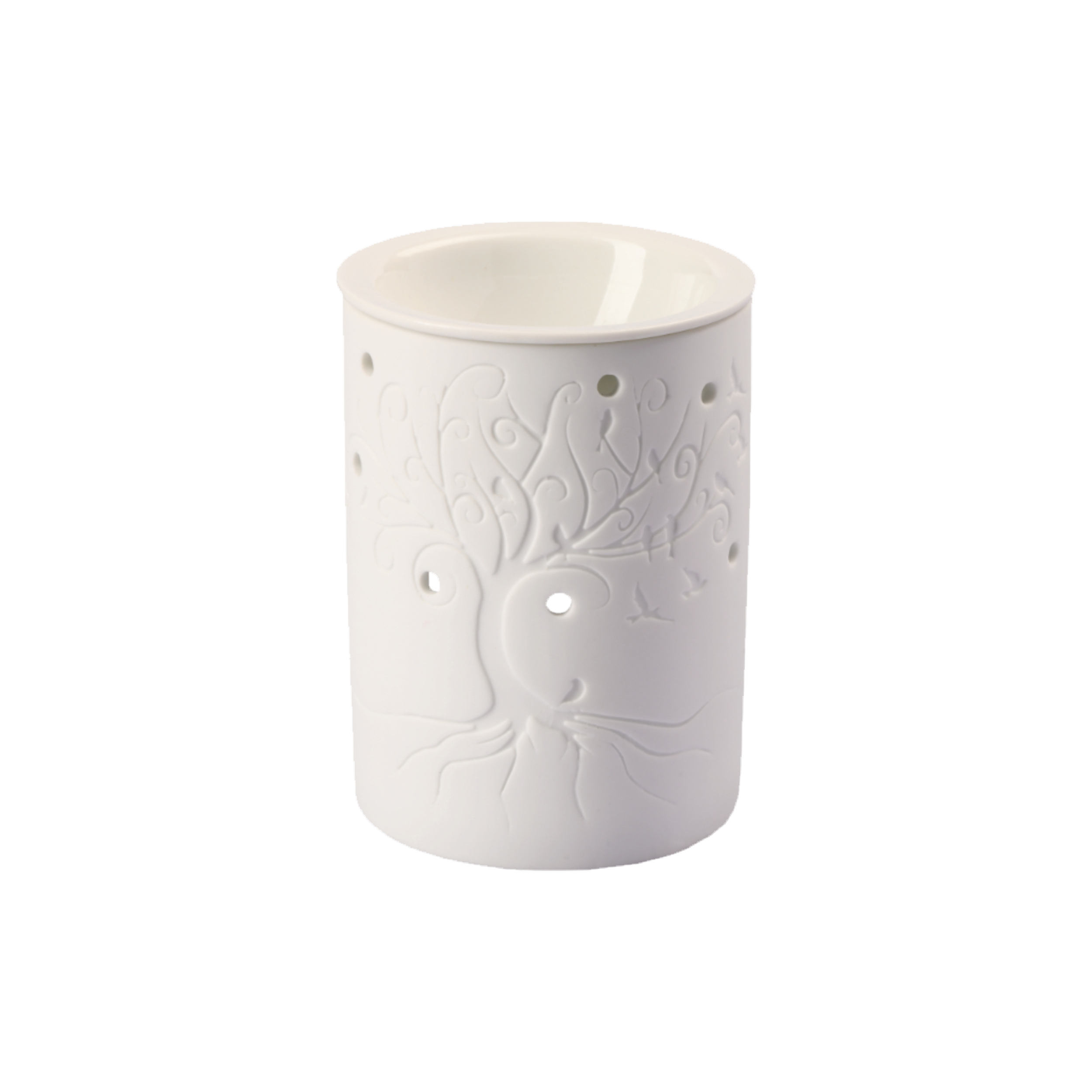 Die Plantaroma Duftlampe Lebensbaum ist ein weißer Keramik-Kerzenhalter mit geschnitztem Lebensbaum-Design, verschlungenen Ästen und Wurzeln und kreisförmigen Löchern. Perfekt als Porzellan-Duftlampe oder in eleganter Geschenkverpackung.