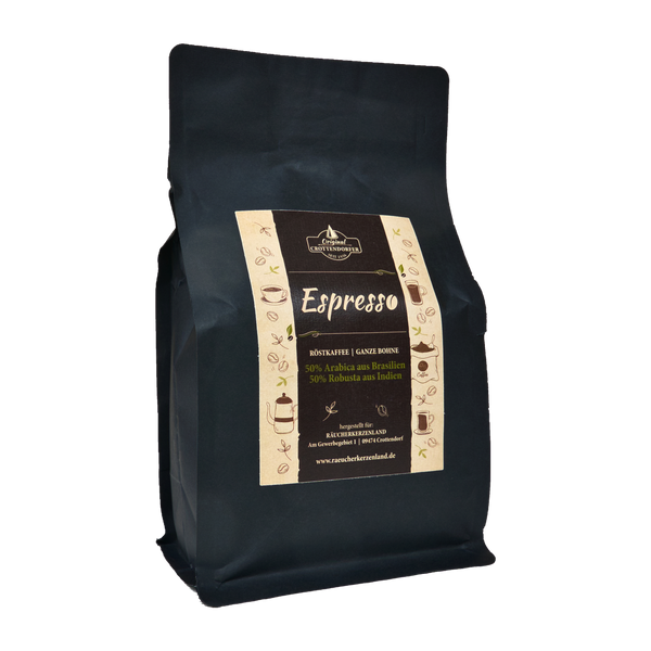Eine elegante schwarze Packung Röstkaffee Espresso | Ganze Bohne 500 g von Original Crottendorfer, bestehend aus 50 % brasilianischem Arabica und 50 % indischem Robusta. Das Etikett mit Kaffeetassen und Bohnensymbolen verkörpert die Essenz von Premium-Kaffee.