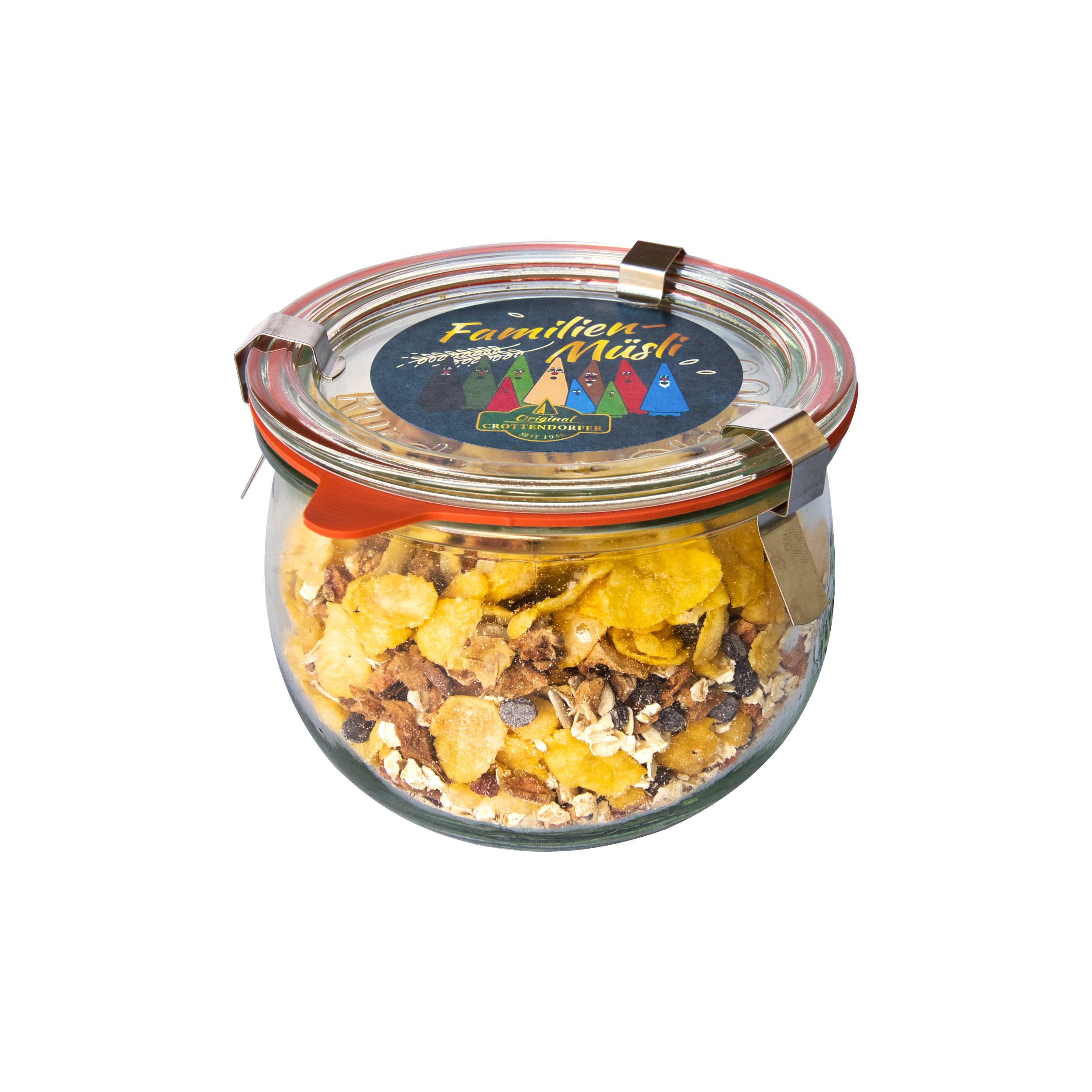 Glasgefäß mit rotem Siegel und Metallverschluss, gefüllt mit Original Crottendorfer Hausgemachtes Müsli 200 g - veganes Müsli mit Cornflakes, Haferflocken und Trockenfrüchten. Auf dem Deckel befindet sich ein buntes Familien Müsli Etikett.