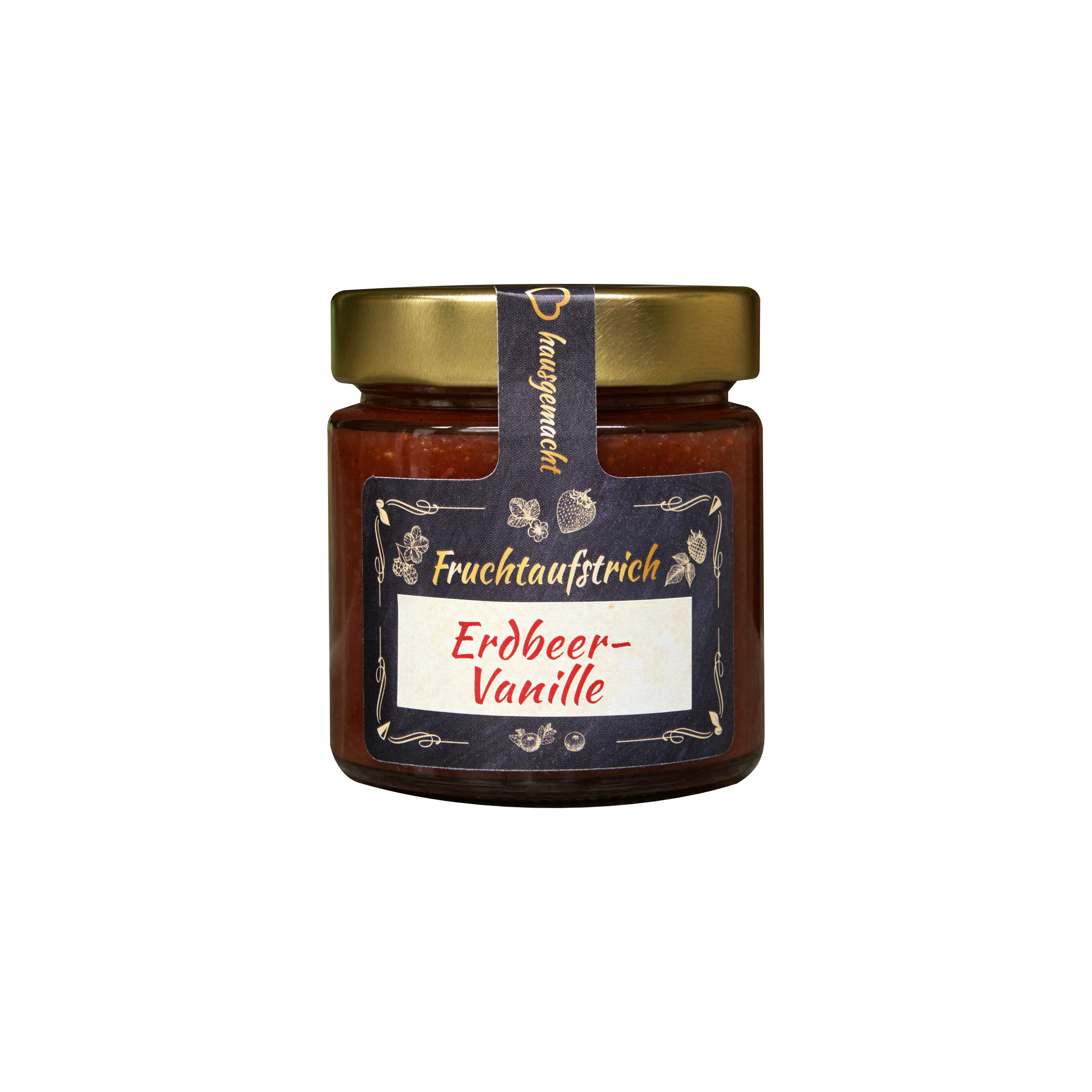 Ein Glas mit goldenem Deckel enthält „Original Crottendorfer Hausgemachter Fruchtaufstrich 200 g“, einen veganen Erdbeer-Vanille-Fruchtaufstrich. Auf dem Etikett steht „Fruchtaufstrich Erdbeer-Vanille“. Dekorative Fruchtillustrationen und eine dunkelblaue Schleife zieren das Glas.
