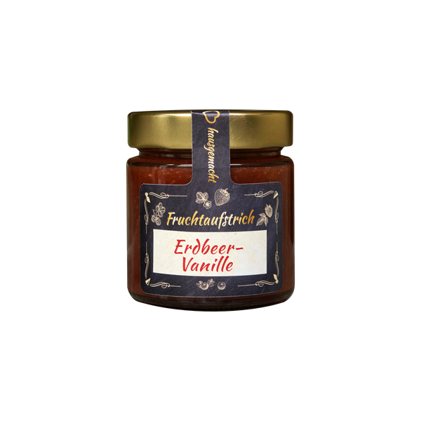 Ein Glas mit goldenem Deckel enthält „Original Crottendorfer Hausgemachter Fruchtaufstrich 200 g“, einen veganen Erdbeer-Vanille-Fruchtaufstrich. Auf dem Etikett steht „Fruchtaufstrich Erdbeer-Vanille“. Dekorative Fruchtillustrationen und eine dunkelblaue Schleife zieren das Glas.