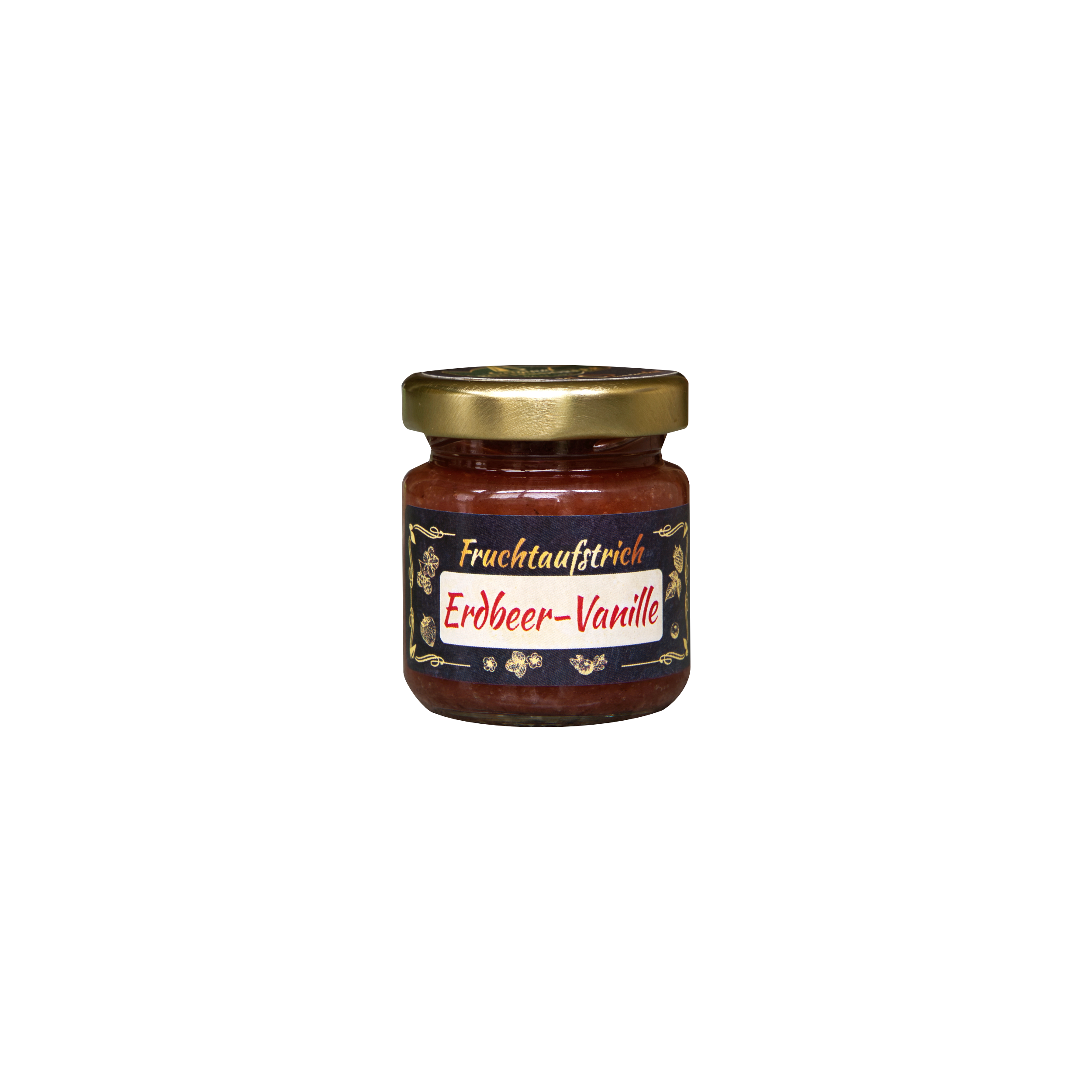 Ein Glas mit goldenem Deckel, gefüllt mit Fruchtaufstrich, beschriftet mit „Hausgemachter Fruchtaufstrich 50 g“ von Original Crottendorfer. Auf dem Etikett steht „Fruchtaufstrich Erdbeer-Vanille“, was auf eine Erdbeer-Vanille-Geschmacksrichtung hinweist. Diese hausgemachte Köstlichkeit ist sowohl vegan als auch laktosefrei. Der Hintergrund ist schlicht weiß.