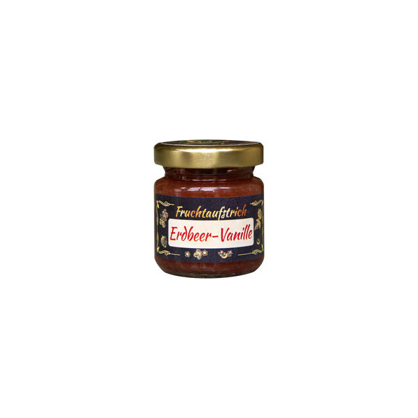 Ein Glas mit goldenem Deckel, gefüllt mit Fruchtaufstrich, beschriftet mit „Hausgemachter Fruchtaufstrich 50 g“ von Original Crottendorfer. Auf dem Etikett steht „Fruchtaufstrich Erdbeer-Vanille“, was auf eine Erdbeer-Vanille-Geschmacksrichtung hinweist. Diese hausgemachte Köstlichkeit ist sowohl vegan als auch laktosefrei. Der Hintergrund ist schlicht weiß.