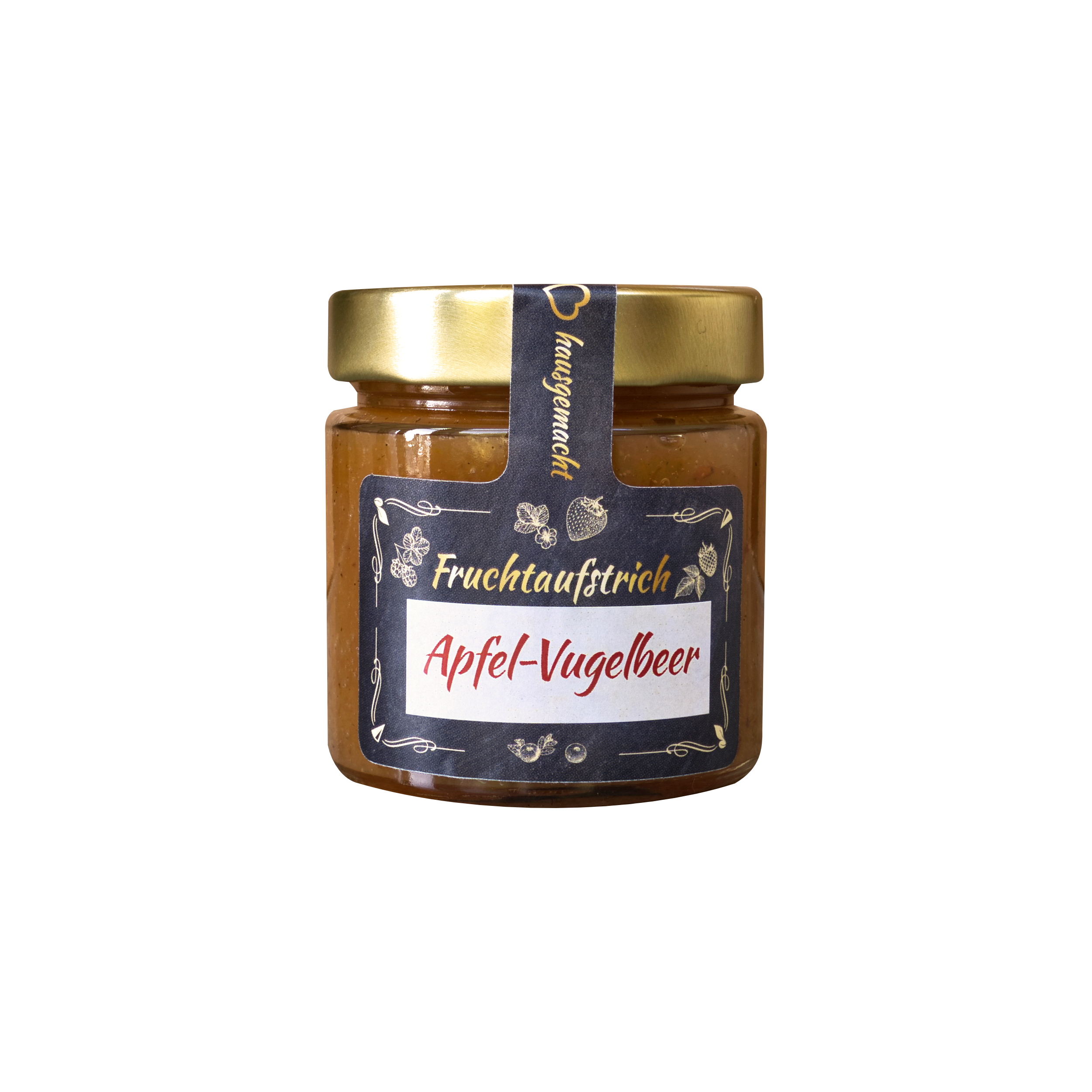 Ein 200-g-Glas mit goldenem Deckel, gefüllt mit „Original Crottendorfer Hausgemachter Fruchtaufstrich“. Das schwarz-weiße Etikett enthält deutschen Text, kleine Fruchtabbildungen und weist darauf hin, dass der Aufstrich vegan ist.