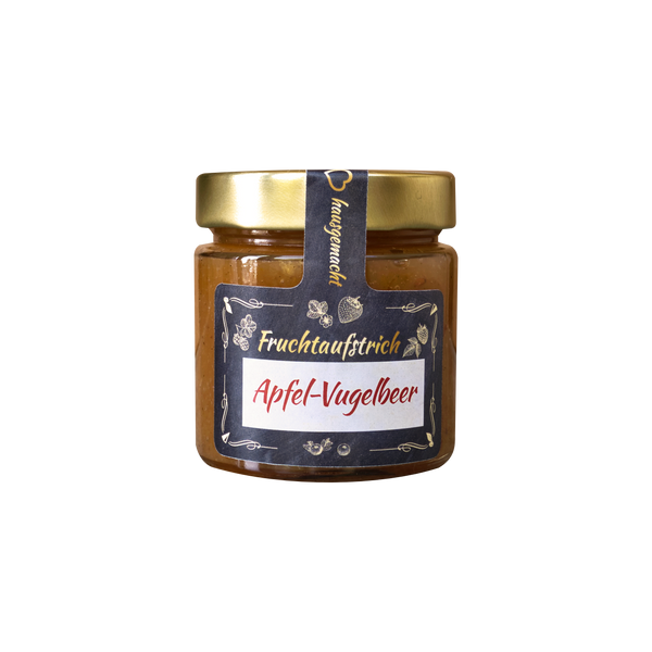 Ein 200-g-Glas mit goldenem Deckel, gefüllt mit „Original Crottendorfer Hausgemachter Fruchtaufstrich“. Das schwarz-weiße Etikett enthält deutschen Text, kleine Fruchtabbildungen und weist darauf hin, dass der Aufstrich vegan ist.