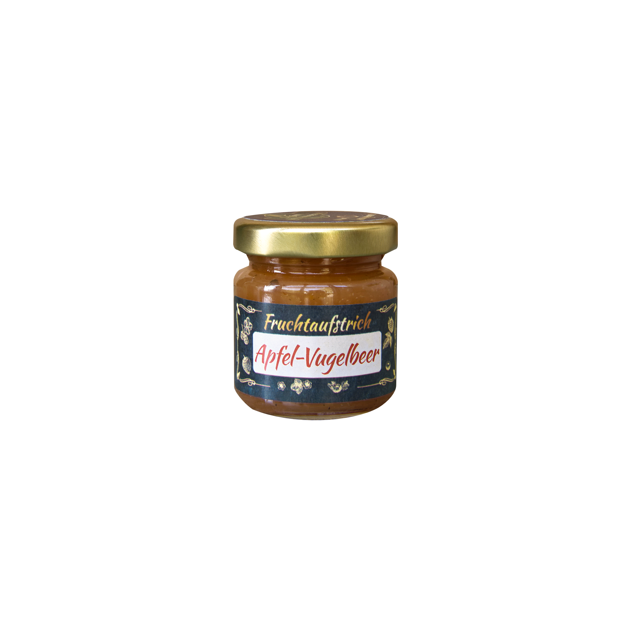 Ein kleines Glas mit „Original Crottendorfer Hausgemachter Fruchtaufstrich“ (50 g) steht mittig auf einer schlichten weißen Fläche. Das Glas hat einen goldenen Deckel und ein Etikett, das mit Blumen auf dunklem Hintergrund verziert ist und darauf hinweist, dass es sich um ein veganes und hausgemachtes Produkt mit Apfel-Vogelbeere-Geschmack handelt.