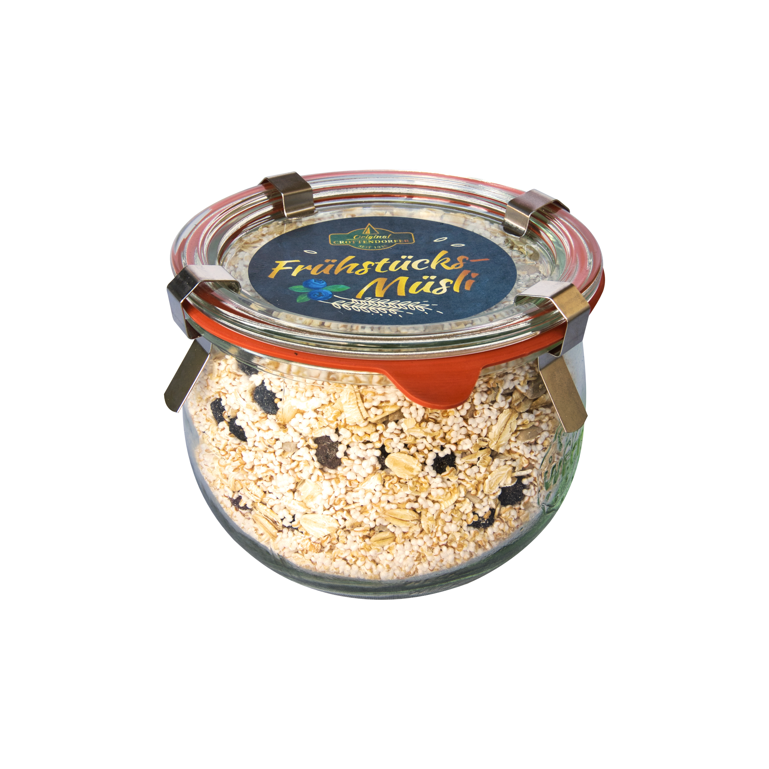 Ein Glas mit Metallverschluss fasst 200 g Original Crottendorfer Hausgemachtes Müsli. Das durch das Glas sichtbare vegane Müsli besteht aus Hafer und Trockenfrüchten und ist oben mit 