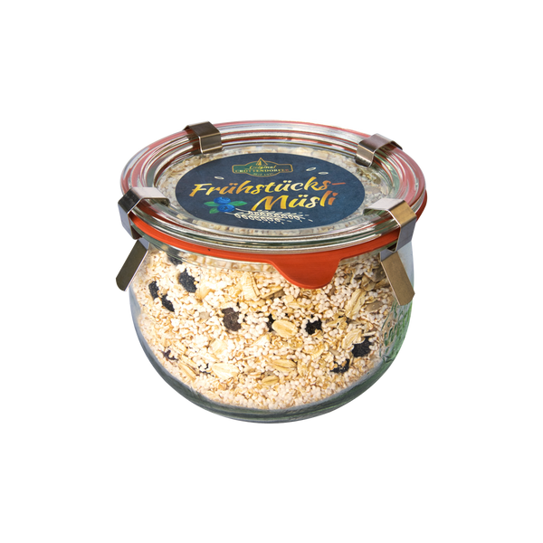 Ein Glas mit Metallverschluss fasst 200 g Original Crottendorfer Hausgemachtes Müsli. Das durch das Glas sichtbare vegane Müsli besteht aus Hafer und Trockenfrüchten und ist oben mit "Hausgemachtes Müsli 200 g" beschriftet.